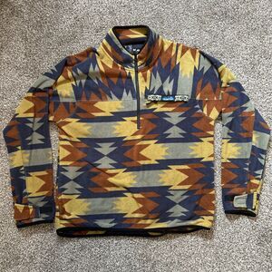KAVU Fleece Pullover Men’s Large green camo Aztec Print 1/4 Zip Mock Sweater